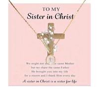AIKOBAA Sister in Christ Gift Set, White Enamel Cross Necklace & Pink Greeting Card, Inspirational Christian Jewelry for Baptism, Communion, Birthday