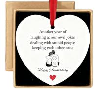AIKOBAA Thank You Gift for Women - Heart Ceramic Ornament with Couple Design, Happy Anniversary Message, Another Year of Laughing & Keeping Each Other Sane, 7.5cm with Kraft Box & Red Ribbon