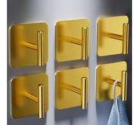 Aikzik 6 Pack Self Adhesive Hooks - 8kg Max, Stainless Steel Stick on Hooks Heavy Duty, Strong Sticky Hooks for Hanging for Towel, Coat, Key, Towel Holder for Bathroom, Kitchen, Door or Wall (Gold)
