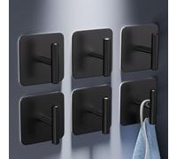 Aikzik 6 Pack Self Adhesive Hooks - 8kg Max, Stainless Steel Stick on Hooks Heavy Duty, Strong Sticky Hooks for Hanging for Towel, Coat, Key, Towel Holder for Bathroom, Kitchen, Door or Wall (Black)