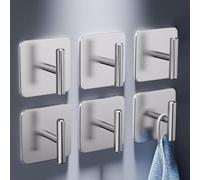 Aikzik 6 Pack Self Adhesive Hooks - 8kg Max, Stainless Steel Stick on Hooks Heavy Duty, Strong Sticky Hooks for Hanging for Towel, Coat, Key, Tea Towel Holder for Bathroom, Kitchen, Door or Wall