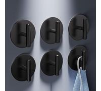 Aikzik 6 Pack Self Adhesive Hooks - 8kg Max, Stainless Steel Sticky Hook Heavy Duty, Hooks for Hanging for Towel, Coat, Key, Tea Towel Holder Stick on Bathroom, Kitchen, Door or Wall (Black)