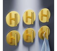 Aikzik 6 Pack Self Adhesive Hooks - 8kg Max, Stainless Steel Sticky Hook Heavy Duty, Hooks for Hanging for Towel, Coat, Key, Tea Towel Holder Stick on Bathroom, Kitchen, Door or Wall (Gold)