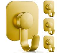 Aikzik Large Self Adhesive Hooks - 26lb Max, Heavy Duty Stainless Steel Sticky Hooks, Strong Hooks for Hanging for Towel, Coat, Robe, Key, Stick on Bathroom, Kitchen, Door and Wall - Gold(4 Pack)