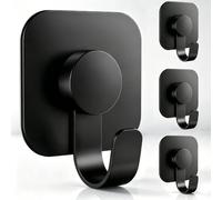 Aikzik Large Self Adhesive Hooks - 26lb Max, Heavy Duty Stainless Steel Sticky Hooks, Strong Hooks for Hanging for Towel, Coat, Robe, Key, Stick on Bathroom, Kitchen, Door and Wall - Black(4 Pack)