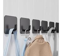 Aikzik Self Adhesive Hooks, 6 Stick on Hooks Stainless Steel for Heavy Duty, Waterproof, Strong Sticky for Hanging Towels and Coats in Bathroom, Tea Towel Holder for Door or on Wall - Black