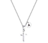 AILAAILA Initial Cross Necklace for Kids Boy Teenage Boy Girls Stainless Steel Cross Pendant First Communion Baptism Confirmation Graduation Gifts Back to School Gifts for Boys, Stainless Steel, Cubic