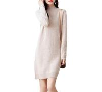 Ailaile 100% Merino Wool Sweater Dress Women's Long Sleeve Mock Neck Pullover Autumn Winter Knitted Long Jumper, Milk Camel, M