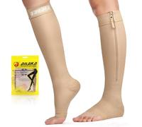 Ailaka Zipper Compression Socks 20-30mmHg, Easy On Off Support Socks for Men & Women, Open Toe Breathable Flight Socks for Travel, Nursing, Swollen Legs(Beige-Logo, M)