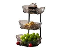 Ailan Stylish Yuanbao Fruit Plate Three Layered Plastic Large Bowl with Iron Stand Veg Snacks Dessert Yuanbao Fruit Plate, 3-Grid Grey Color