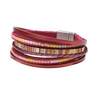 Ailan Vintage Leather Wrap Bracelets Boho Multi-Layer Crystal Beads Cuff Bracelet Fashion Handmade Bohemian Magnetic Snap for, Red
