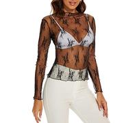 AILBBE Mesh Long Sleeve Layering Top for Women Mock Neck Floral Embroidery Sheer See Through Tee Shirt Blouse, Black, Medium