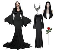 Aileam Costume for Morticia Women Long Black Gothic Dress with Batwing Sleeves Halloween Cosplay Witch Vampire Outfit Medium Black A