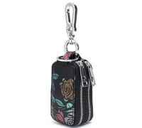 Aileder Key Case Holder Genuine Leather Car Keyring Key Pouch Hand Painted Flowers Keychain Wallet for Women Ladies Double Zipper Keyring Purse (Golden Rose)