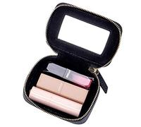 Aileder Mini Lipstick Case Holder Box with Mirror Genuine Leather Small Travel Makeup Cosmetic Pouch Bag Storage Kit for Women Girls (Black)