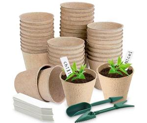 Aileem 40 Pack Round Fibre Pot Seed Seedling Pot, 8cm Biodegradable Plant Pots with 40pcs Plastic Plant Lables and Transplanting Digging Tools, Plant Flower Seed Tray Pots Kits, Garden