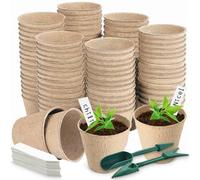 Aileem 96 Pack Seedling Pots, Ø 8cm Biodegradable Plant Pots with 96pcs Plastic Labels and Transplant Digging Tools, Compostable Planting Pots for Home Gardening & Greenhouse