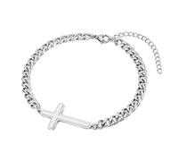 Ailetop Silver Cross Bracelet for Men Teens, Stainless Steel Cuban/Figaro Cross Chain Link Bracelet 5mm 7+2 Inches, Christian Religious Jesus Confirmation Jewelry Gifts for Him, 7 Inch, Stainless