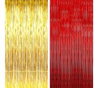 AILEXI 2 Pack 3ft*8ft Party Supplies Foil Fringe Shimmer Curtains, Door Window Decorations Streamers or Wall Backdrop Tinsels - Red Gold