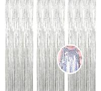 AILEXI 3 Pack 3.2ft*8.2ft Metallic Tinsel Curtains Foil Fringe Shimmer Streamers Curtain Door Window Decoration for Party Supplies - Laser Silver