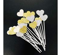 AILEXI Handmade 20 Counts 3 Colors Glitter Cake Decorating Toppers for cake cupcake and ice-cream - Gold/Silver/White Hearts