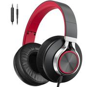 Ailihen Wired Headphones with Microphone and Volume Control, Over-Ear Foldable Corded Stereo Headsets for Teens Adults 3.5mm for Computers, Chromebooks, Tablets (Red)