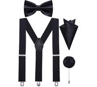 Ailisus Black Bow Tie and Braces Adjustable Mens Elastic Y-Back Suspenders Bowtie Pocket Square Lapel Pin Set Wedding Tuxedo