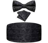 Ailisus Black Bow Tie and Cummerbund Set Floral Tuxedo Cumberband for Men with Pretied Bowtie Pocket Square Wedding Galas