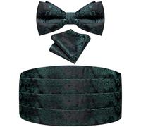 Ailisus Black Green Bow Tie and Cummerbund Set Paisley Tuxedo Cumberband for Men with Pretied Bowtie Pocket Square Wedding