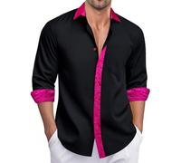 Ailisus Black Hot Pink Men's Dress Shirts Casual Button Down Long Sleeve Collar Contrast Shirt Western Woven Tops Business