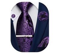 Ailisus Black Purple Ties for Men Paisley Silk Necktie and Pocket Square Cufflinks Lapel Pin Tie Clip Set Wedding Formal 5PCS