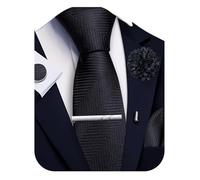 Ailisus Black Striped Tie and Handkerchief,Tie Clip Cufflinks Lapel Pin Set Wedding Party Silk Solid Necktie Set Formal