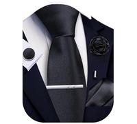 Ailisus Black Tie and Pocket Square Set Solid Necktie Cufflinks Tie Clip Lapel Pin for Men Wedding Business 5PCS