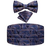 Ailisus Blue Bow Tie and Cummerbund Set Paisley Tuxedo Cumberband for Men with Pretied Bowtie Pocket Square Wedding