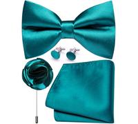 Ailisus Bow Ties for Men Solid Color Pre-tied Silk Bowtie and Pocket Square Cufflinks Lapel Pin Set Tuxedo Wedding Party 4PCS, Teal, One Size