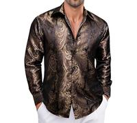 Ailisus Bronze Mens Silk Paisley Dress Shirts Formal Long Sleeve Button Down Shirt Floral Jacquard Business Wedding