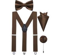 Ailisus Brown Bow Tie and Braces Adjustable Mens Elastic Y-Back Suspenders Bowtie Pocket Square Lapel Pin Set Wedding Tuxedo