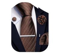 Ailisus Brown Striped Tie and Handkerchief,Tie Clip Cufflinks Lapel Pin Set Wedding Party Silk Solid Necktie Set Formal