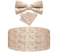 Ailisus Champagne Bow Tie and Cummerbund Set Floral Tuxedo Cumberband for Men with Pretied Bowtie Pocket Square Wedding Galas