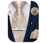 Ailisus Champagne Gold Ties for Men Paisley Silk Necktie and Pocket Square Cufflinks Lapel Pin Tie Clip Set Wedding Formal 5PCS