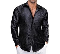 Ailisus Coal Black Mens Silk Paisley Dress Shirts Formal Long Sleeve Button Down Shirt Floral Jacquard Business Wedding