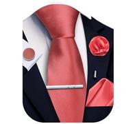 Ailisus Coral Tie and Pocket Square Set Solid Necktie Cufflinks Tie Clip Lapel Pin for Men Wedding Business 5PCS