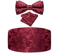 Ailisus Cumberbund and Bow Tie Set Paisley Floral Mens Silk Pretied Bowtie Cummerbund Pocket Square Tuxedo Accessories, Burgundy, One Size