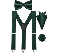 Ailisus Dark Green Bow Tie and Braces Adjustable Mens Elastic Y-Back Suspenders Bowtie Pocket Square Lapel Pin Set Wedding Tuxedo