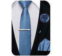 Ailisus Dusty Blue Skinny Tie and Pocket Square 2.4''(6cm) Solid Color Classic Slim Ties for Men Handky Lapel Pin Tie Clip Set Wedding Party