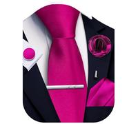 Ailisus Fuchsia Pink Tie and Pocket Square Set Solid Necktie Cufflinks Tie Clip Lapel Pin for Men Wedding Business 5PCS