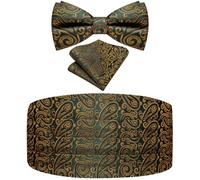 Ailisus Green Gold Bow Tie and Cummerbund Set Paisley Tuxedo Cumberband for Men with Pretied Bowtie Pocket Square Wedding