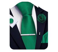 Ailisus Green Striped Tie and Handkerchief,Tie Clip Cufflinks Lapel Pin Set Wedding Party Silk Solid Necktie Set Formal