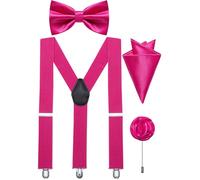 Ailisus Hot Pink Bow Tie and Braces Adjustable Mens Elastic Y-Back Suspenders Bowtie Pocket Square Lapel Pin Set Wedding Tuxedo