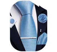 Ailisus Men’s Dusty Blue Ties and Pocket Square Set, Plaid Silk Necktie & Handkerchief Lapel Pin Cufflinks Tie Clip for Men Formal Wedding Party